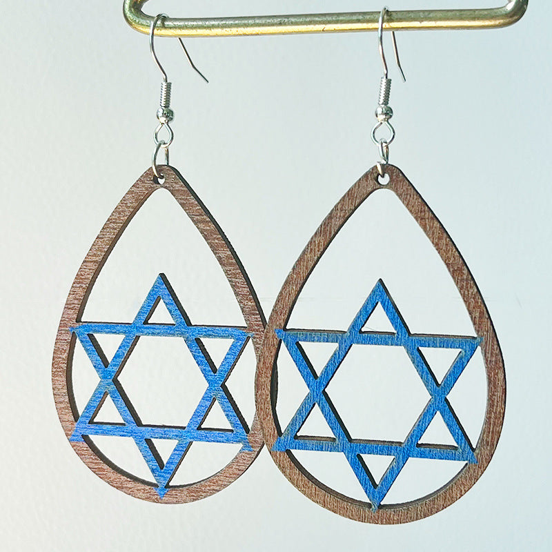 Wholesale Hanukkah Water Drop Hollow Wooden Candle Star Earrings 2 in A Pack